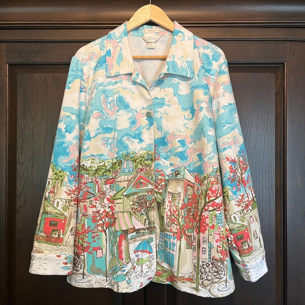 CJ Banks Stretch Jacket Womens Plus Size 1X Cityscape Vacation Travel Art to Wea